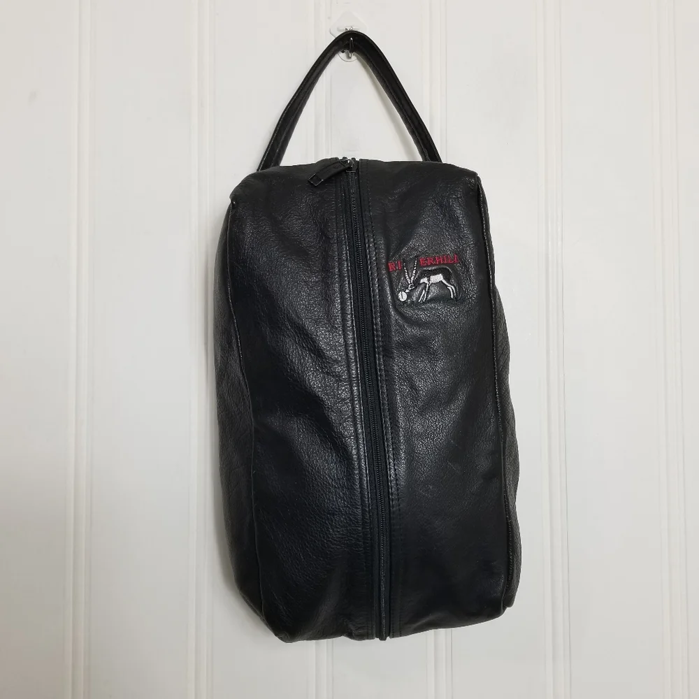 Riverhill Black Leather Pouch Bag Faux Fur Lined Single Handle Logo Zip